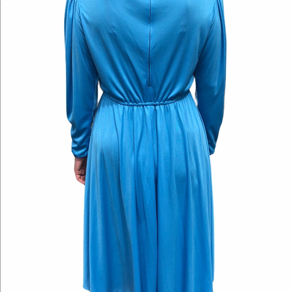 Vintage 70s Blue High Neck Draped Dress - Picture 5 of 9